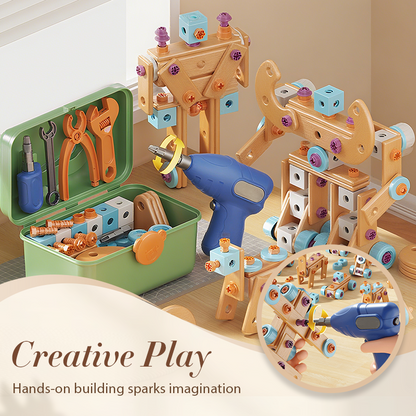 🎄🎁Kit Educativo Fai-da-Te di Attrezzi per Bambini👨‍👩‍👧‍👦⚡🛡️🔍, materiali plastici sicuri, bordi lisci e valigetta per riporre tutti i pezzi, sviluppa manualità e logica mentre i bambini costruiscono modelli in modo autonomo.