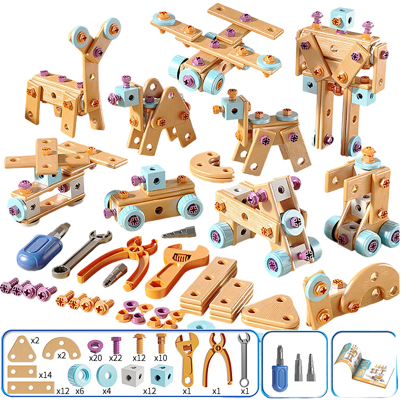 🎄🎁Kit Educativo Fai-da-Te di Attrezzi per Bambini👨‍👩‍👧‍👦⚡🛡️🔍, materiali plastici sicuri, bordi lisci e valigetta per riporre tutti i pezzi, sviluppa manualità e logica mentre i bambini costruiscono modelli in modo autonomo.
