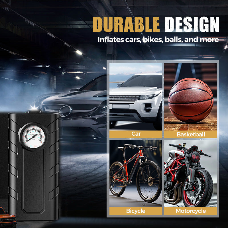 🚗✨Gonfiatore Pneumatici Wireless 💨🔋📏 Flusso d’aria 35 L/min, ricarica USB, manometro meccanico, consente di controllare e regolare facilmente la pressione degli pneumatici per una guida sicura.