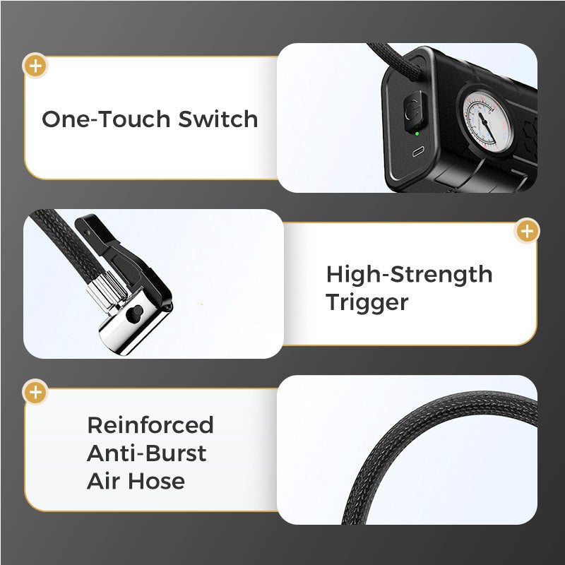 🚗✨Gonfiatore Pneumatici Wireless 💨🔋📏 Flusso d’aria 35 L/min, ricarica USB, manometro meccanico, consente di controllare e regolare facilmente la pressione degli pneumatici per una guida sicura.