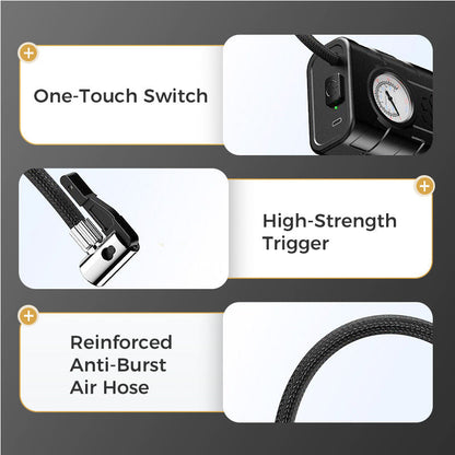 🚗✨Gonfiatore Pneumatici Wireless 💨🔋📏 Flusso d’aria 35 L/min, ricarica USB, manometro meccanico, consente di controllare e regolare facilmente la pressione degli pneumatici per una guida sicura.