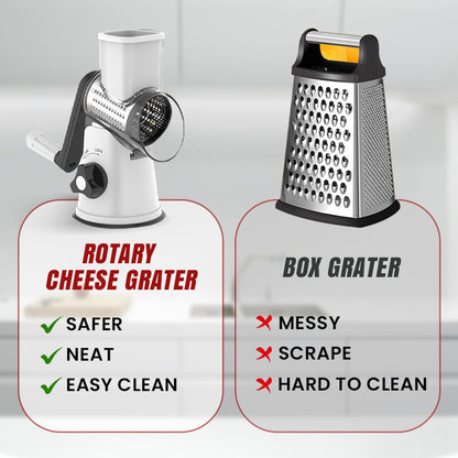 Grattugia rotante 3-in-1 per verdure e formaggio 🥄Testine intercambiabili｜⚡Lavorazione veloce｜🧹Pulizia semplice. Le tre testine tagliano gli ingredienti, la rotazione riduce lo sforzo e le parti smontabili si lavano rapidamente.