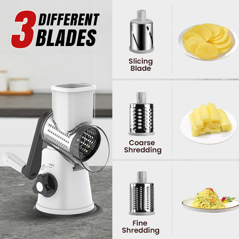 Grattugia rotante 3-in-1 per verdure e formaggio 🥄Testine intercambiabili｜⚡Lavorazione veloce｜🧹Pulizia semplice. Le tre testine tagliano gli ingredienti, la rotazione riduce lo sforzo e le parti smontabili si lavano rapidamente.