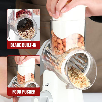 Grattugia rotante 3-in-1 per verdure e formaggio 🥄Testine intercambiabili｜⚡Lavorazione veloce｜🧹Pulizia semplice. Le tre testine tagliano gli ingredienti, la rotazione riduce lo sforzo e le parti smontabili si lavano rapidamente.
