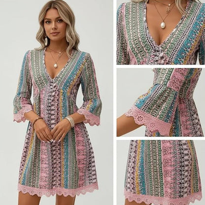 Abito corto da donna con scollo a V, stampa geometrica e rifiniture in pizzo - Perfetto per le vacanze
