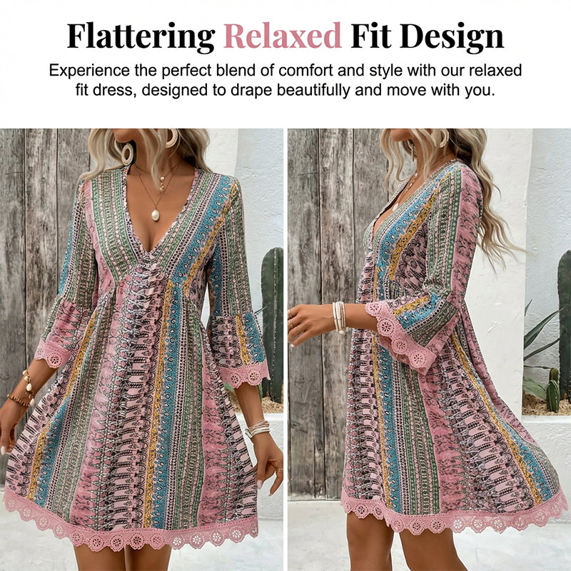 Abito corto da donna con scollo a V, stampa geometrica e rifiniture in pizzo - Perfetto per le vacanze