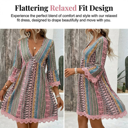 Abito corto da donna con scollo a V, stampa geometrica e rifiniture in pizzo - Perfetto per le vacanze