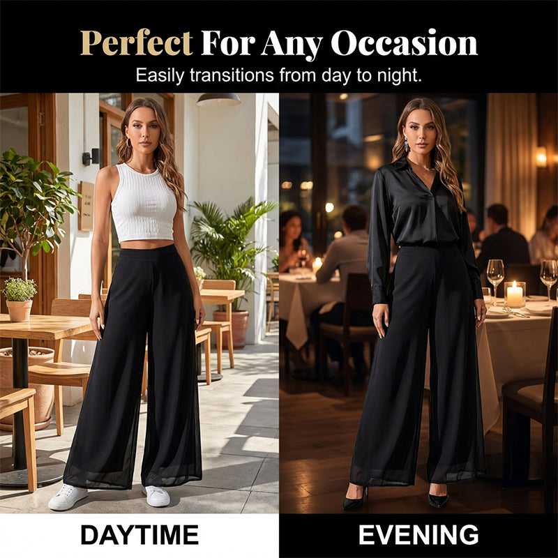 💃 SCONTO DEL 50% PER UN PERIODO LIMITATO! 👖 Pantaloni larghi da donna in chiffon – Tessuto fluido, taglio che valorizza la silhouette, eleganti per ogni occasione 🖤
