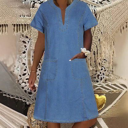 💙Abito da donna in denim a maniche corte con scollo a V
