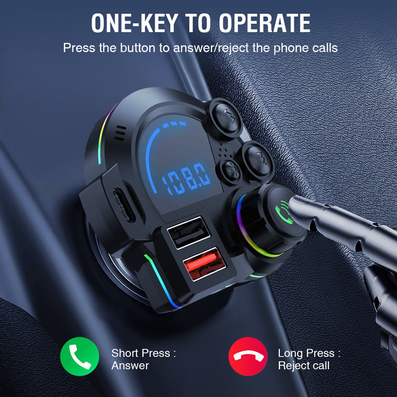 Trasmettitore audio FM per auto 🎤Microfono Integrato｜⚙️Gestione Intelligente｜🚗Sicurezza Guida. 📶Le chiamate vivavoce mantengono le mani sul volante, evitando distrazioni quando ci sono bambini o animali all'interno dell'auto.