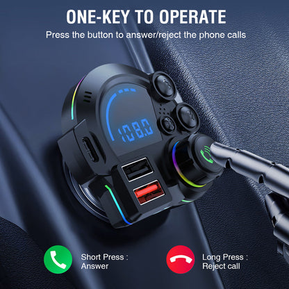 Trasmettitore audio FM per auto 🎤Microfono Integrato｜⚙️Gestione Intelligente｜🚗Sicurezza Guida. 📶Le chiamate vivavoce mantengono le mani sul volante, evitando distrazioni quando ci sono bambini o animali all'interno dell'auto.