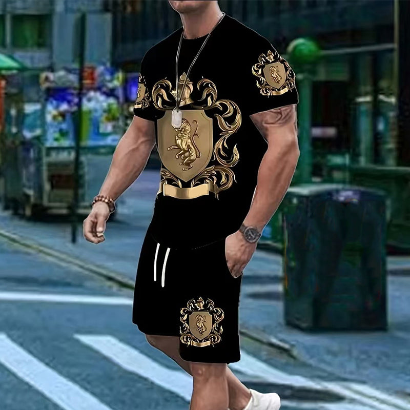 🖤👕🩳 -50% sul Set Uomo T-shirt e Shorts Gold Crest ✨ – Stampa di Lusso, Comfort Traspirante e Stile Estivo Immediato