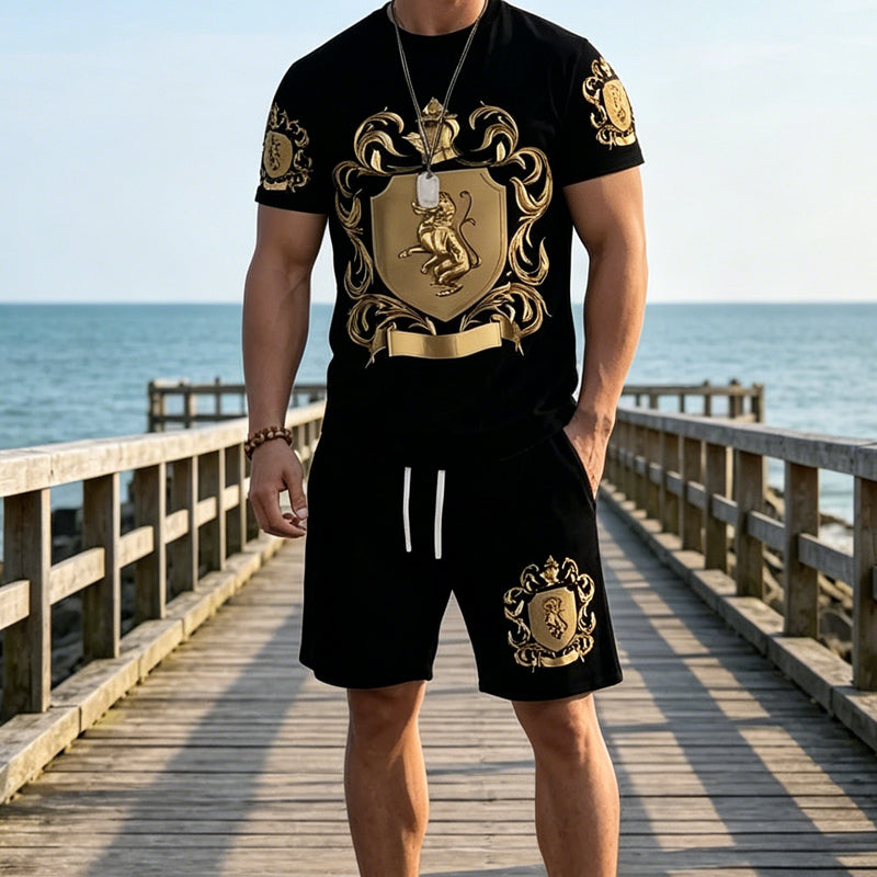 🖤👕🩳 -50% sul Set Uomo T-shirt e Shorts Gold Crest ✨ – Stampa di Lusso, Comfort Traspirante e Stile Estivo Immediato