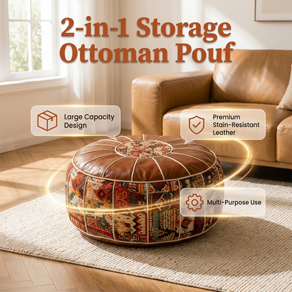 Pouf contenitore 2 in 1 in ecopelle, multifunzione per arredamento personale 🪑Comodo poggiapiedi｜🧹Superficie lavabile｜🎨Stile boho unico. 🪑Funge da seduta leggera per relax personale in camera. 🧹La finitura in ecopelle si pulisce rapidamente senza sforzo.