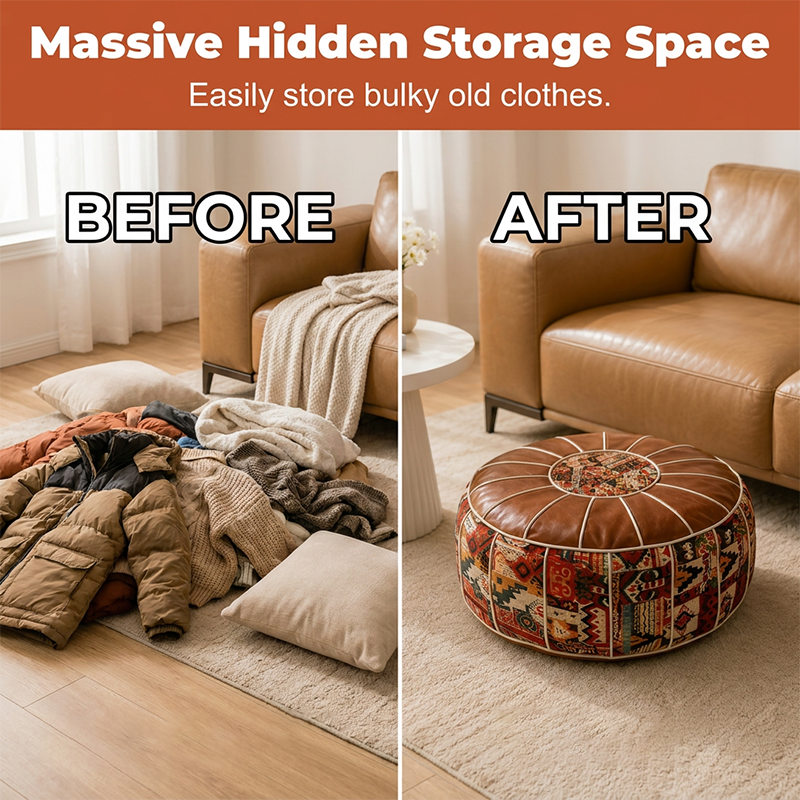 Pouf contenitore 2 in 1 in ecopelle, multifunzione per arredamento personale 🪑Comodo poggiapiedi｜🧹Superficie lavabile｜🎨Stile boho unico. 🪑Funge da seduta leggera per relax personale in camera. 🧹La finitura in ecopelle si pulisce rapidamente senza sforzo.