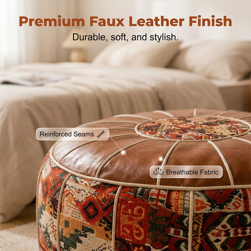 Pouf contenitore 2 in 1 in ecopelle, multifunzione per arredamento personale 🪑Comodo poggiapiedi｜🧹Superficie lavabile｜🎨Stile boho unico. 🪑Funge da seduta leggera per relax personale in camera. 🧹La finitura in ecopelle si pulisce rapidamente senza sforzo.