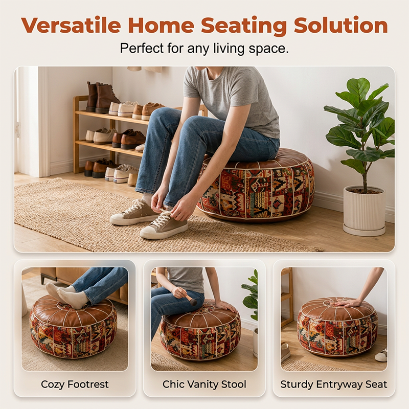 Pouf contenitore 2 in 1 in ecopelle, multifunzione per arredamento personale 🪑Comodo poggiapiedi｜🧹Superficie lavabile｜🎨Stile boho unico. 🪑Funge da seduta leggera per relax personale in camera. 🧹La finitura in ecopelle si pulisce rapidamente senza sforzo.