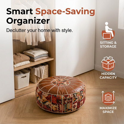 Pouf contenitore 2 in 1 in ecopelle, multifunzione per arredamento personale 🪑Comodo poggiapiedi｜🧹Superficie lavabile｜🎨Stile boho unico. 🪑Funge da seduta leggera per relax personale in camera. 🧹La finitura in ecopelle si pulisce rapidamente senza sforzo.