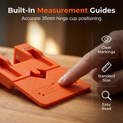 Dima per l'installazione delle cerniere 🧲📏🏠Fissaggio magnetico, Guide di misura integrate. Questa dima consente un posizionamento preciso dei fori per cerniere 35 mm, riducendo errori e pannelli rovinati durante i tuoi progetti di falegnameria.