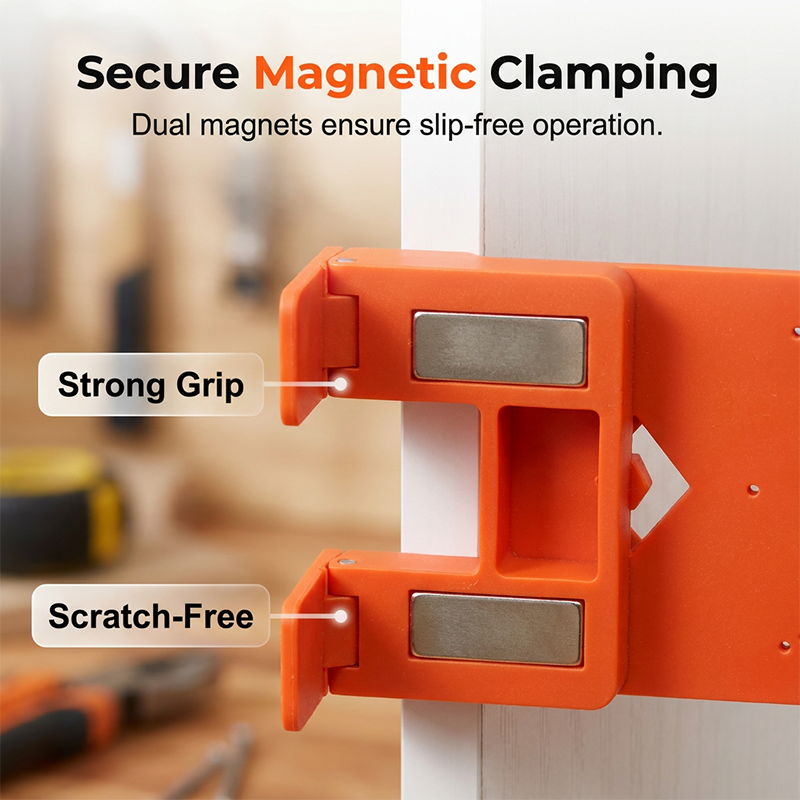 Dima per l'installazione delle cerniere 🧲📏🏠Fissaggio magnetico, Guide di misura integrate. Questa dima consente un posizionamento preciso dei fori per cerniere 35 mm, riducendo errori e pannelli rovinati durante i tuoi progetti di falegnameria.