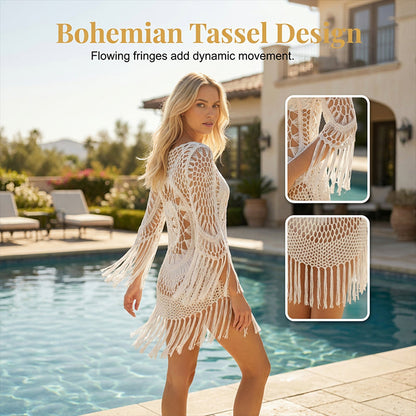 ✨ Copricostume da spiaggia all’uncinetto – Stile bohémien, nappine, regolabile 🏖️