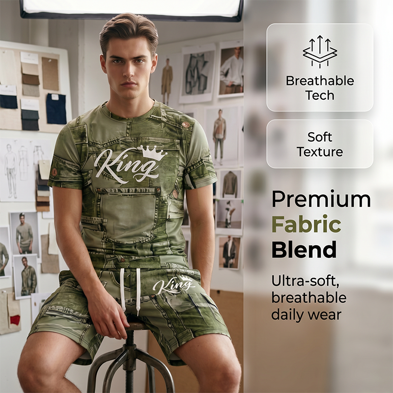 👕 Set T-Shirt e Pantaloncini da Uomo con Stampa Denim Finto 🧢