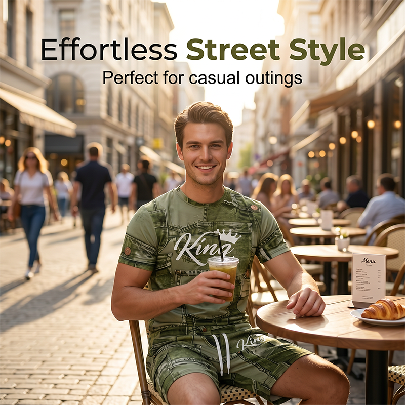 👕 Set T-Shirt e Pantaloncini da Uomo con Stampa Denim Finto 🧢