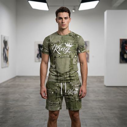 👕 Set T-Shirt e Pantaloncini da Uomo con Stampa Denim Finto 🧢
