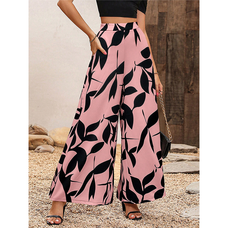 Pantaloni a Gamba Larga con Stampa e Vita Alta da Donna