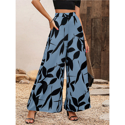 Pantaloni a Gamba Larga con Stampa e Vita Alta da Donna