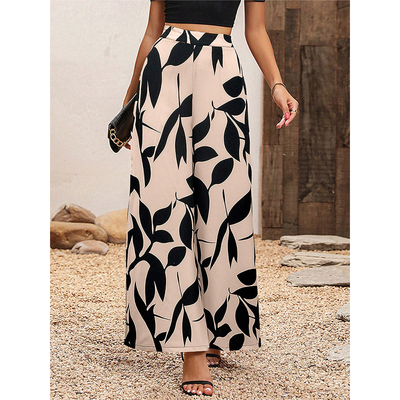 Pantaloni a Gamba Larga con Stampa e Vita Alta da Donna