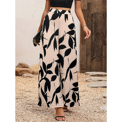 Pantaloni a Gamba Larga con Stampa e Vita Alta da Donna