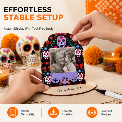 🥳Cornice portafoto legno Día de los Muertos 🖼️✍️🎨, apertura 8,1×7,1 cm e spazio scrivibile, inserisci le tue foto e personalizza la scritta per creare un angolo commemorativo sulla scrivania.