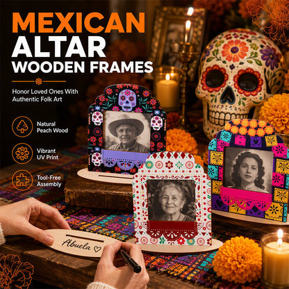 🥳Cornice portafoto legno Día de los Muertos 🖼️✍️🎨, apertura 8,1×7,1 cm e spazio scrivibile, inserisci le tue foto e personalizza la scritta per creare un angolo commemorativo sulla scrivania.