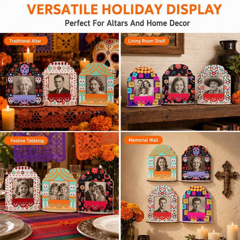 🥳Cornice portafoto legno Día de los Muertos 🖼️✍️🎨, apertura 8,1×7,1 cm e spazio scrivibile, inserisci le tue foto e personalizza la scritta per creare un angolo commemorativo sulla scrivania.