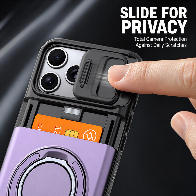 Cover iPhone antiurto 📱🔒💳, scocca PC rigida e copriobiettivo scorrevole, con vano che ospita fino a 4 carte, ti permette di uscire senza portare il portafoglio.