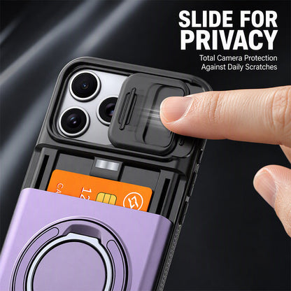 Cover iPhone antiurto 📱🔒💳, scocca PC rigida e copriobiettivo scorrevole, con vano che ospita fino a 4 carte, ti permette di uscire senza portare il portafoglio.