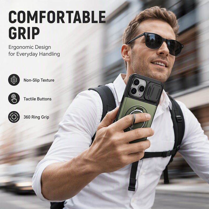 Cover iPhone antiurto 📱🔒💳, scocca PC rigida e copriobiettivo scorrevole, con vano che ospita fino a 4 carte, ti permette di uscire senza portare il portafoglio.