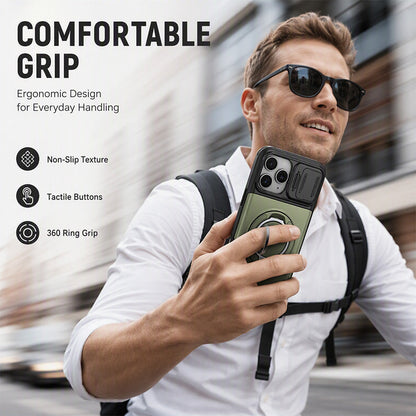 Cover iPhone antiurto 📱🔒💳, scocca PC rigida e copriobiettivo scorrevole, con vano che ospita fino a 4 carte, ti permette di uscire senza portare il portafoglio.