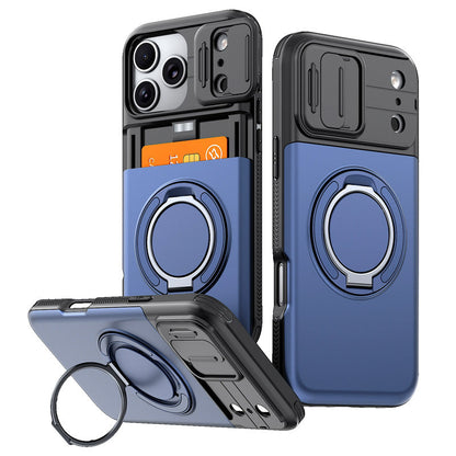 Cover iPhone antiurto 📱🔒💳, scocca PC rigida e copriobiettivo scorrevole, con vano che ospita fino a 4 carte, ti permette di uscire senza portare il portafoglio.