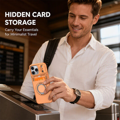 Cover iPhone antiurto 📱🔒💳, scocca PC rigida e copriobiettivo scorrevole, con vano che ospita fino a 4 carte, ti permette di uscire senza portare il portafoglio.