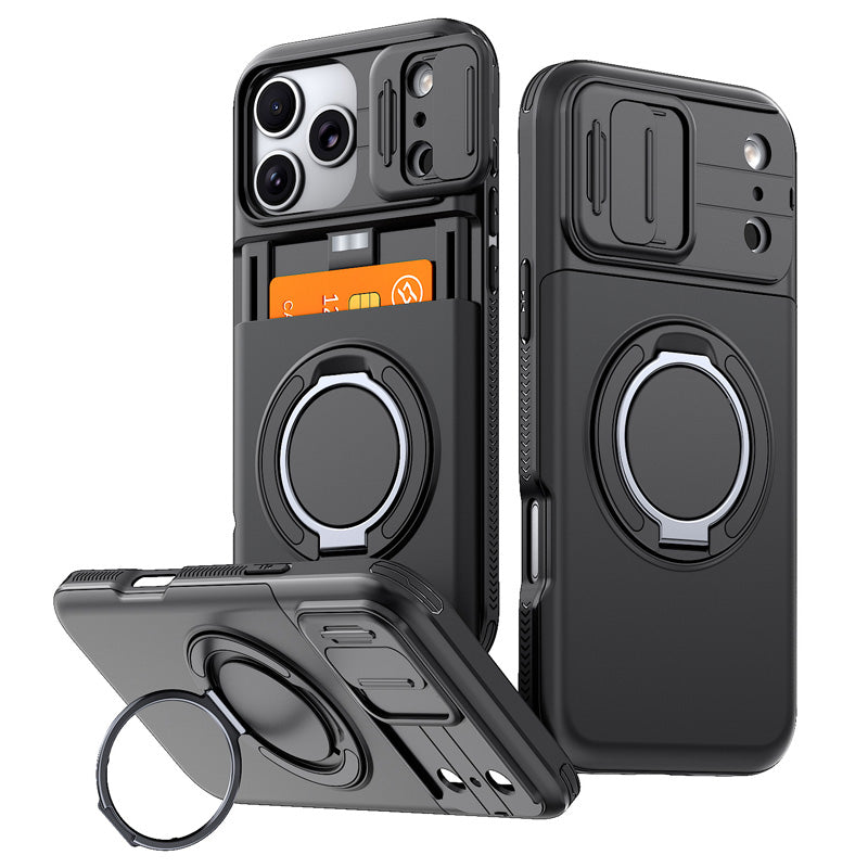 Cover iPhone antiurto 📱🔒💳, scocca PC rigida e copriobiettivo scorrevole, con vano che ospita fino a 4 carte, ti permette di uscire senza portare il portafoglio.
