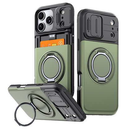 Cover iPhone antiurto 📱🔒💳, scocca PC rigida e copriobiettivo scorrevole, con vano che ospita fino a 4 carte, ti permette di uscire senza portare il portafoglio.