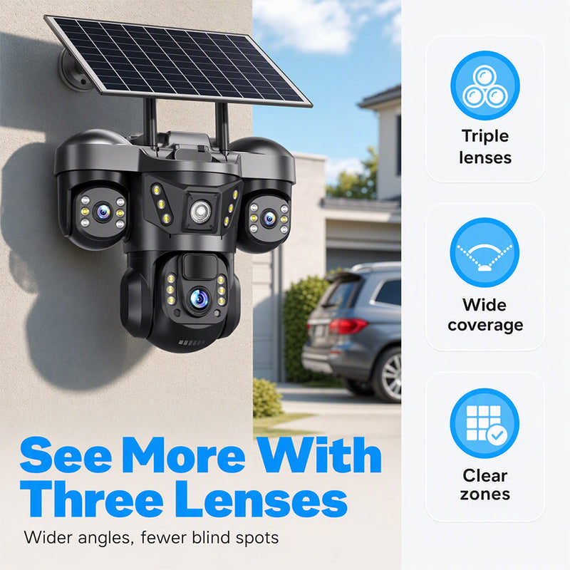 📡 OFFERTA LIMITATA 70% DI SCONTO! ⚡ Telecamera di Sicurezza WiFi Solare a Triplo Obiettivo – Smart, Wireless, Per Ogni Clima ☀️