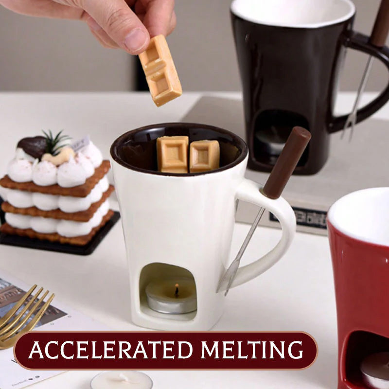 🍫 Tazza per Fonduta in Ceramica per Cioccolato e Formaggio con Scaldacandela e Forchettina – 200ml ✨