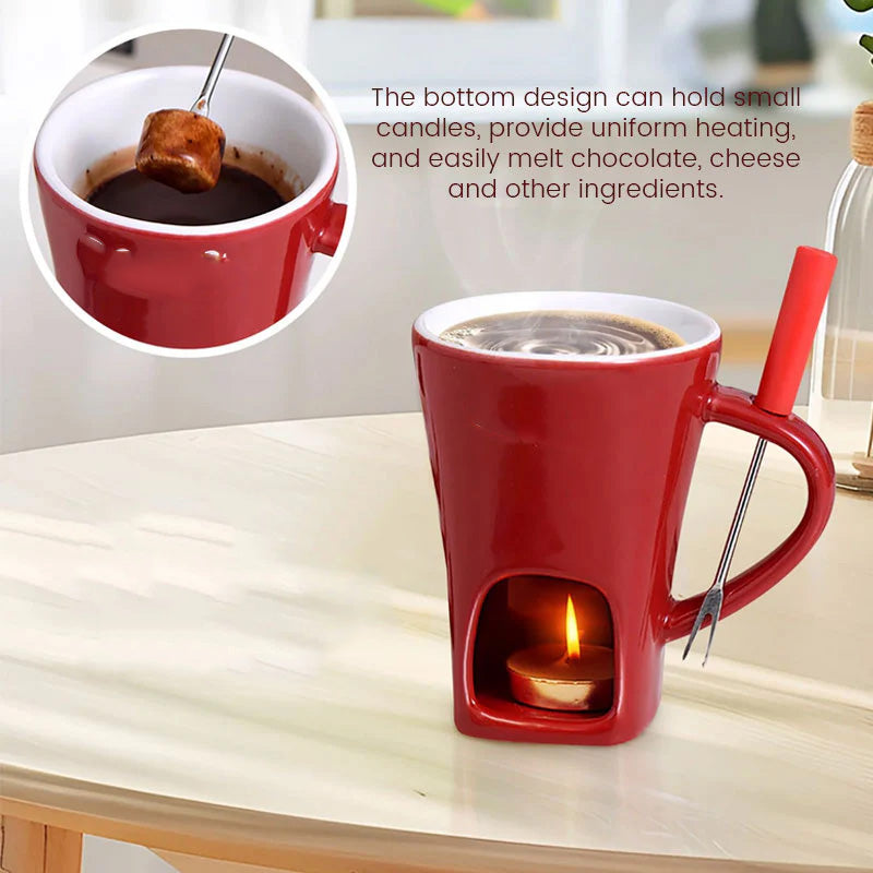 🍫 Tazza per Fonduta in Ceramica per Cioccolato e Formaggio con Scaldacandela e Forchettina – 200ml ✨