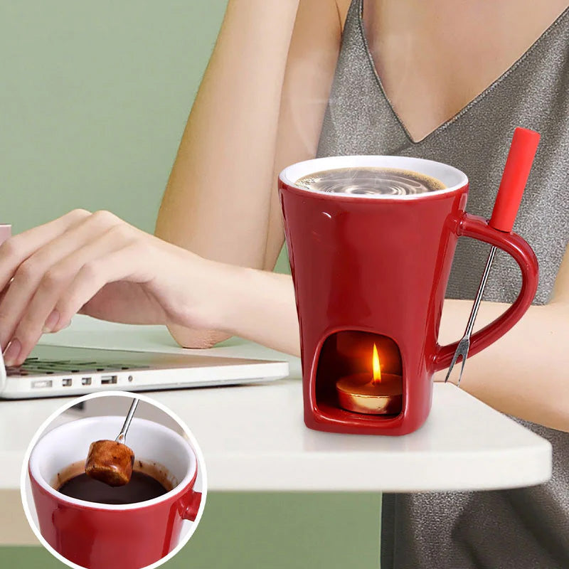🍫 Tazza per Fonduta in Ceramica per Cioccolato e Formaggio con Scaldacandela e Forchettina – 200ml ✨