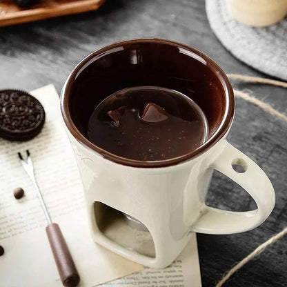 🍫 Tazza per Fonduta in Ceramica per Cioccolato e Formaggio con Scaldacandela e Forchettina – 200ml ✨