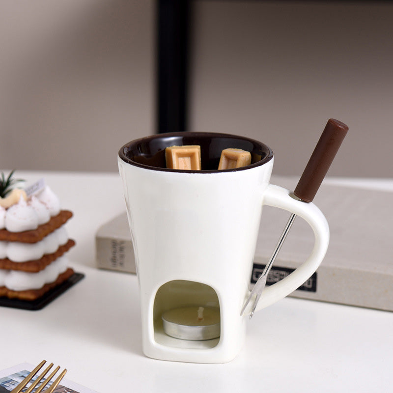 🍫 Tazza per Fonduta in Ceramica per Cioccolato e Formaggio con Scaldacandela e Forchettina – 200ml ✨
