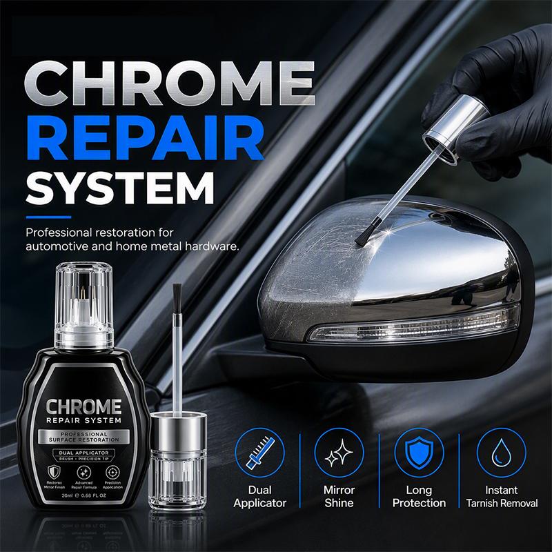 Liquido Restauratore per Cromo ✨🖊️⚡ Dotato di doppio applicatore preciso e formula antiossidante, rimuove l’annerimento metallico e crea una barriera protettiva, restituendo brillantezza duratura a tutte le tue superfici in cromo e acciaio.